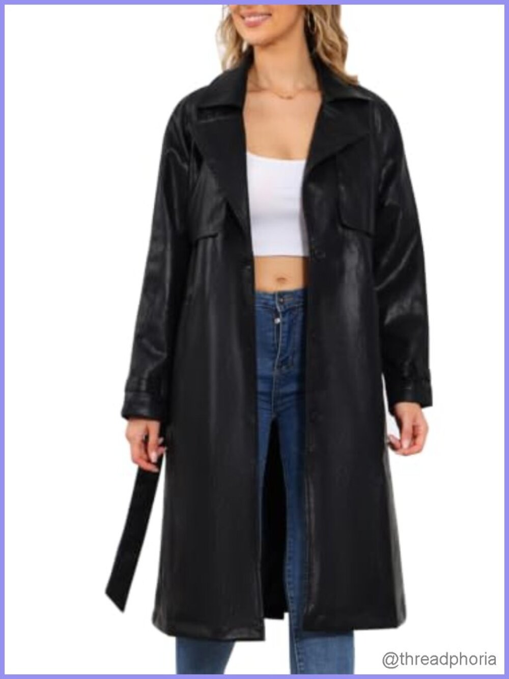 Faux Leather Trench Coat Mid-Long Belted Overcoat Notched Lapel